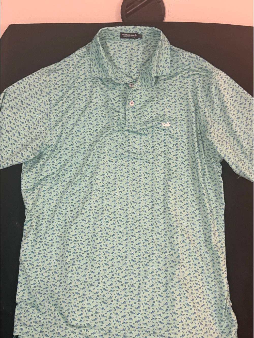 Southern Marsh Men's Medium Light Blue and Blue Fish Print Polo Shirt